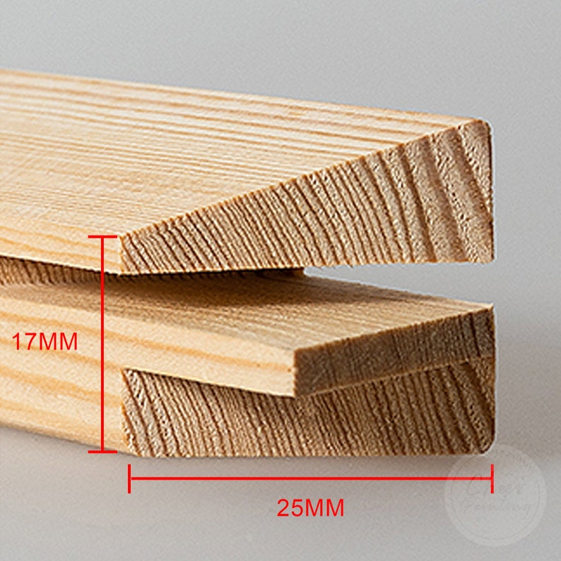May include: Close-up of a wooden frame for a canvas, showing the joinery. The frame is 17mm wide and 25mm deep.