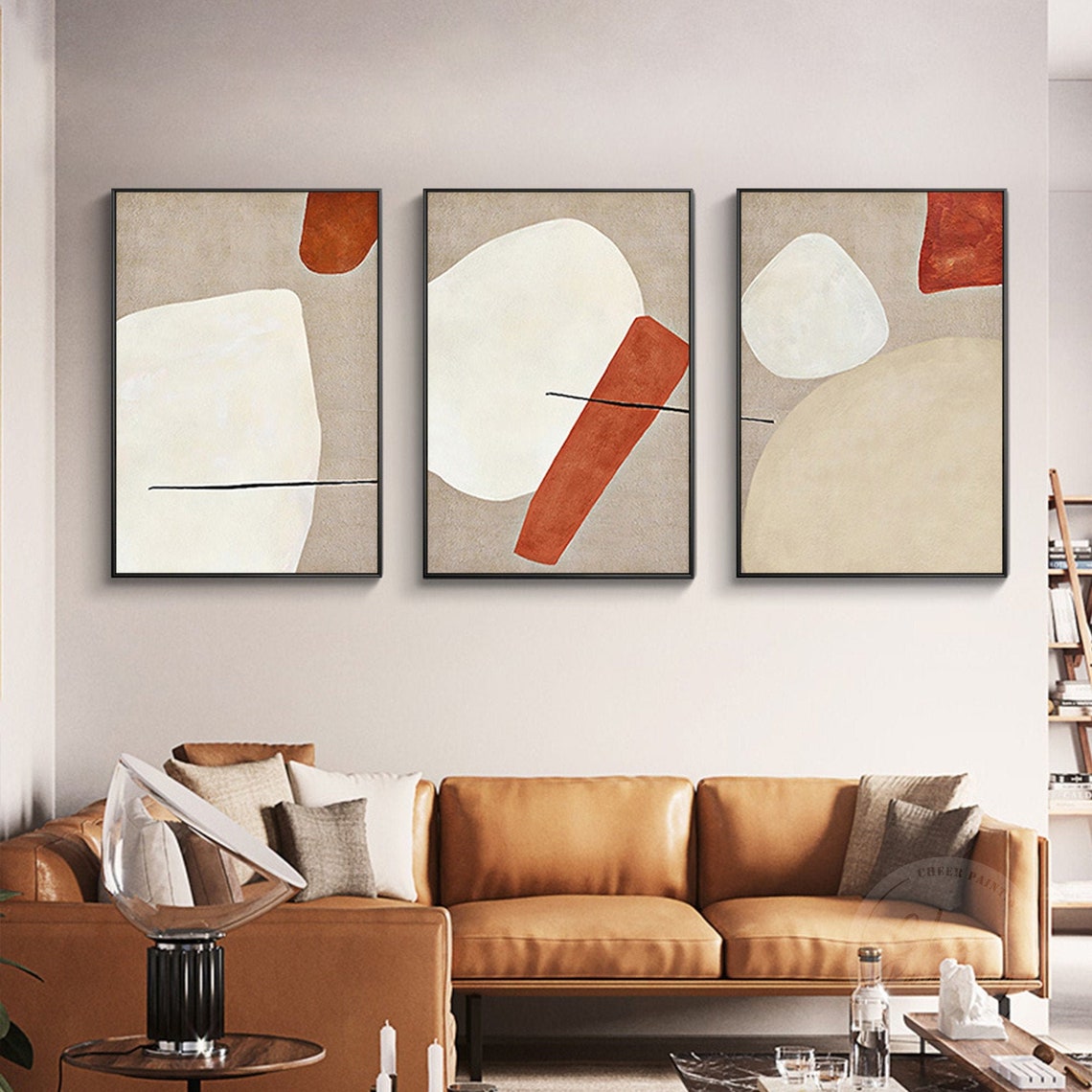 Set of 3 Minimalist Abstract Wall Art Hand Painted Geometric Beige ...