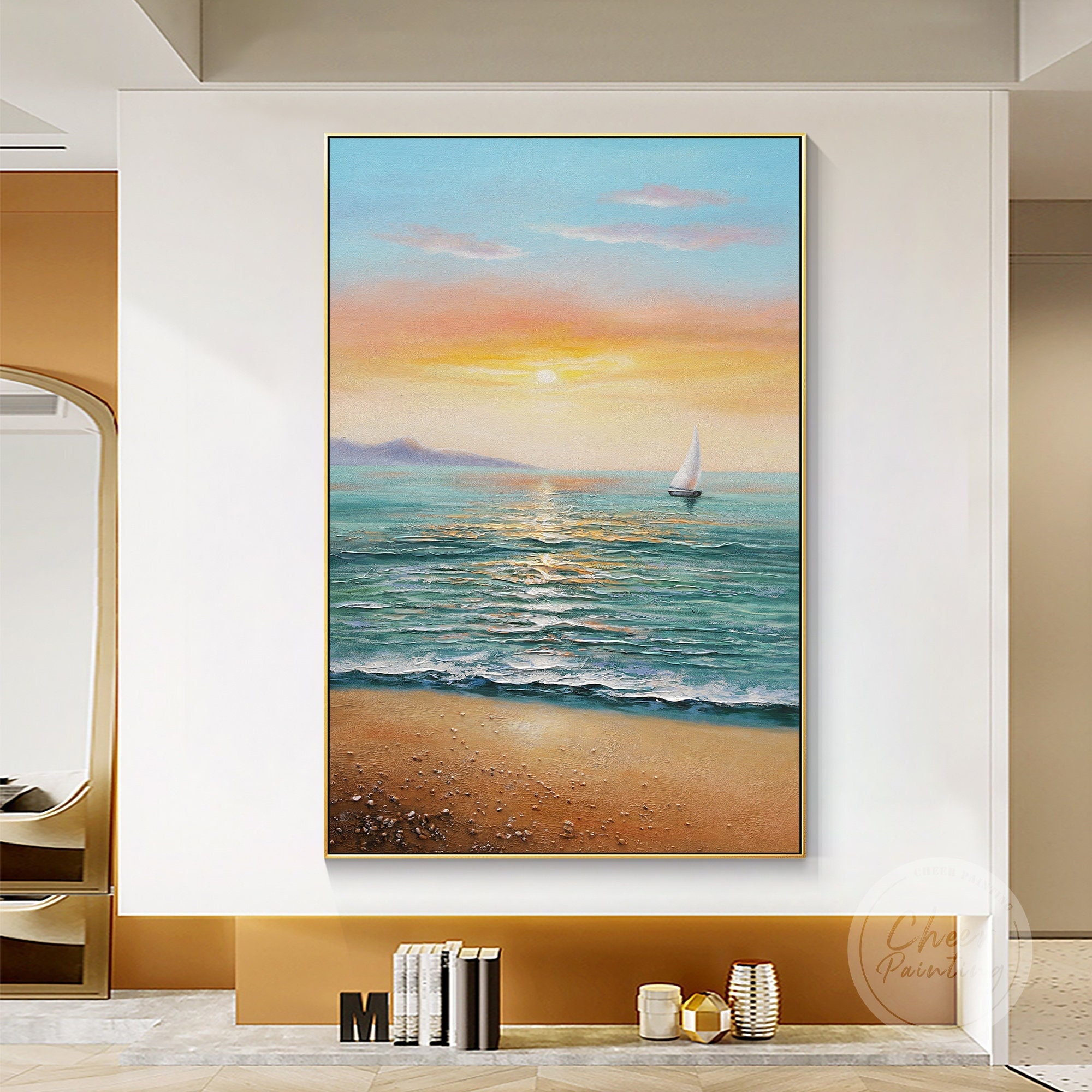 港の夕日　夏　風景油絵　アクリル f3f70b18e7b7e03c6f2646d09bddf8