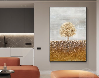 金箔の木の絵画：質感のある抽象的な風景画 - Etsy 日本