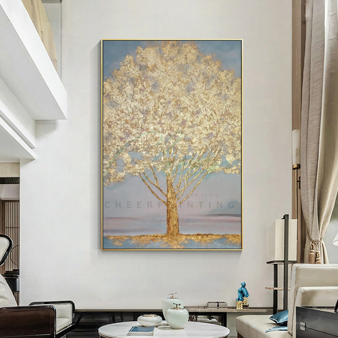Gold Tree Painting: Original Acrylic Landscape, Framed Canvas Wall Art ...