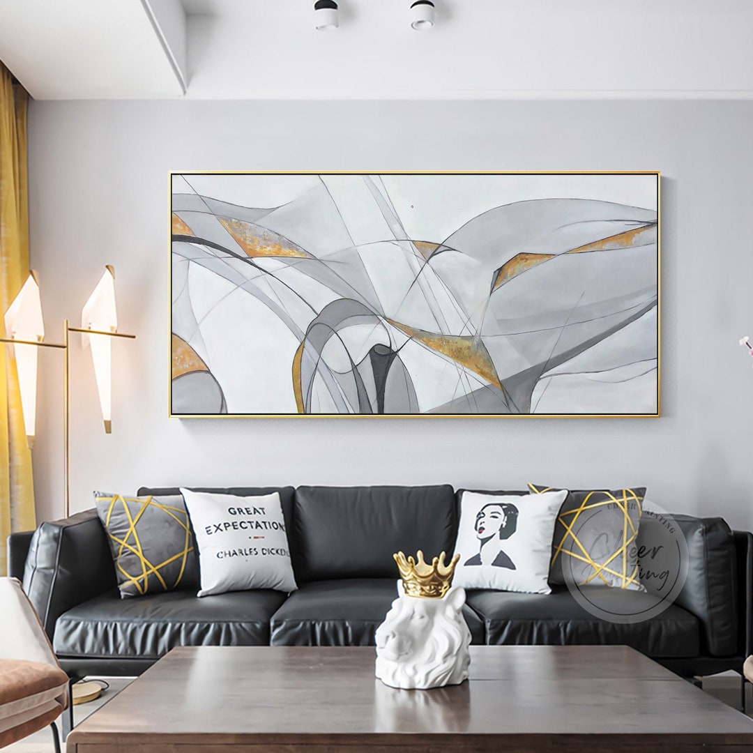 Modern Abstract Framed Wall Art Grey Gold Expressionist Art Large