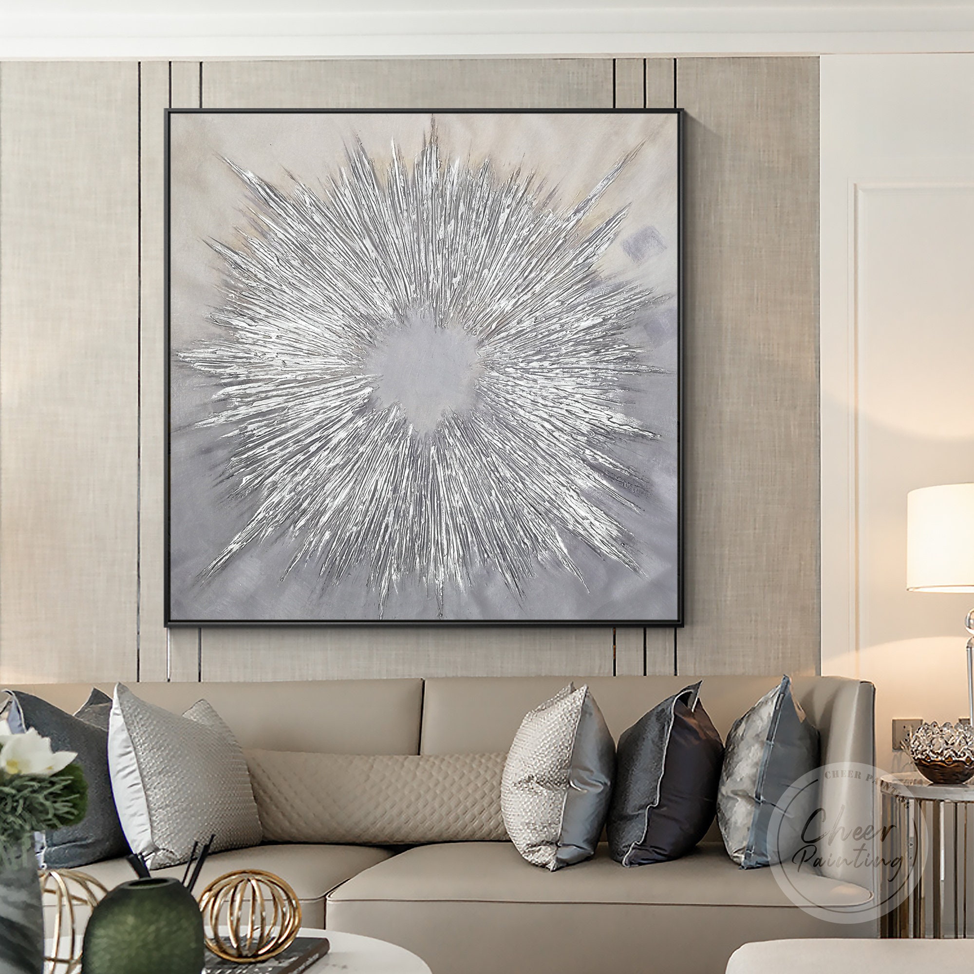 Photo inspiration: Fresh Look at Silver Leaf Soundwave Rays Abstract Painting Heavy Textured Metallic