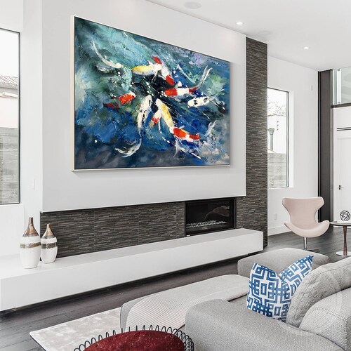 Teal Abstract Koi Fish Painting Feng shops Shui Large Framed Wall Art Original Painting Textured Art Horizontal 9 Koi Palette Knife Oil Painting
