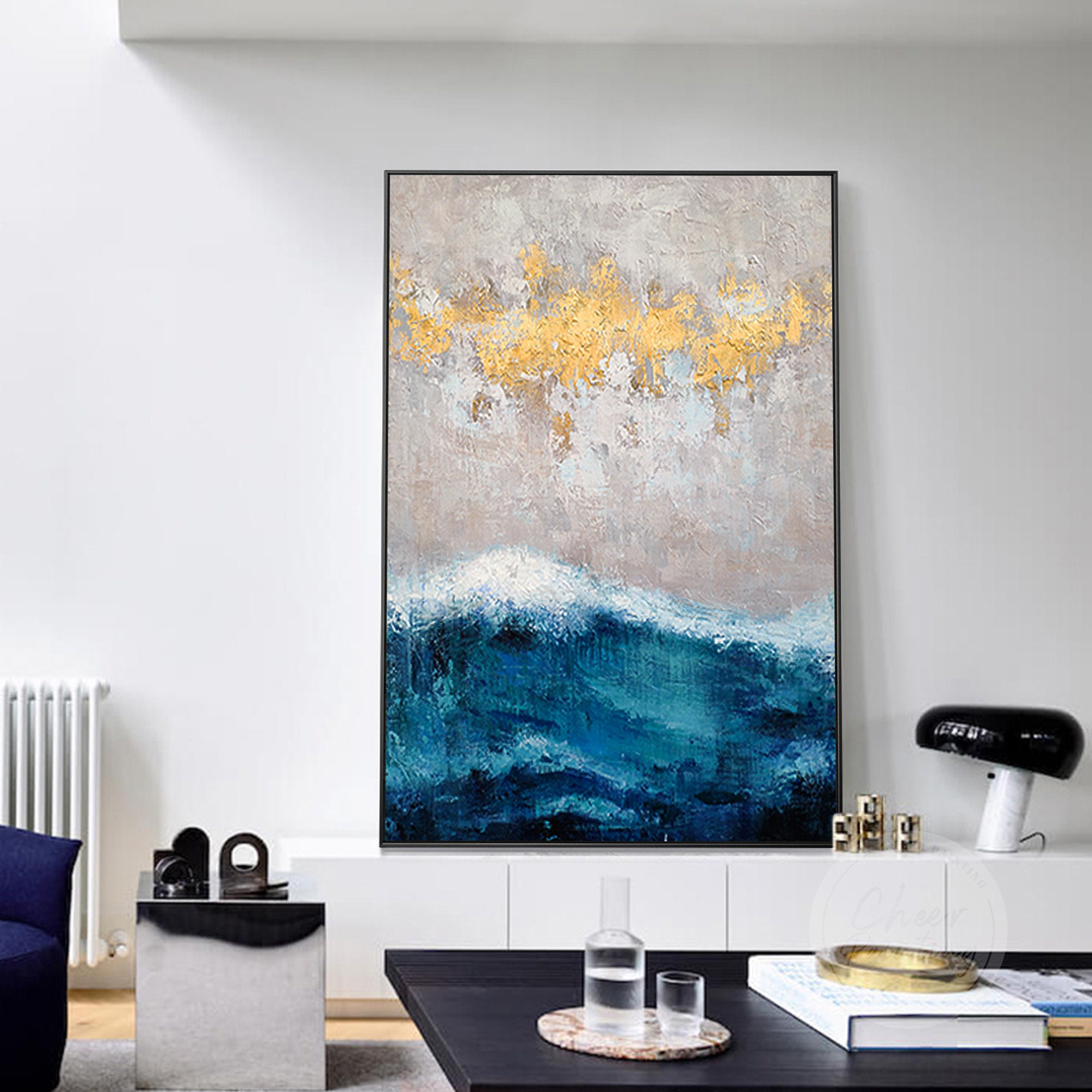 Modern abstract art Gold beach sea wave blue gray wall art | Etsy