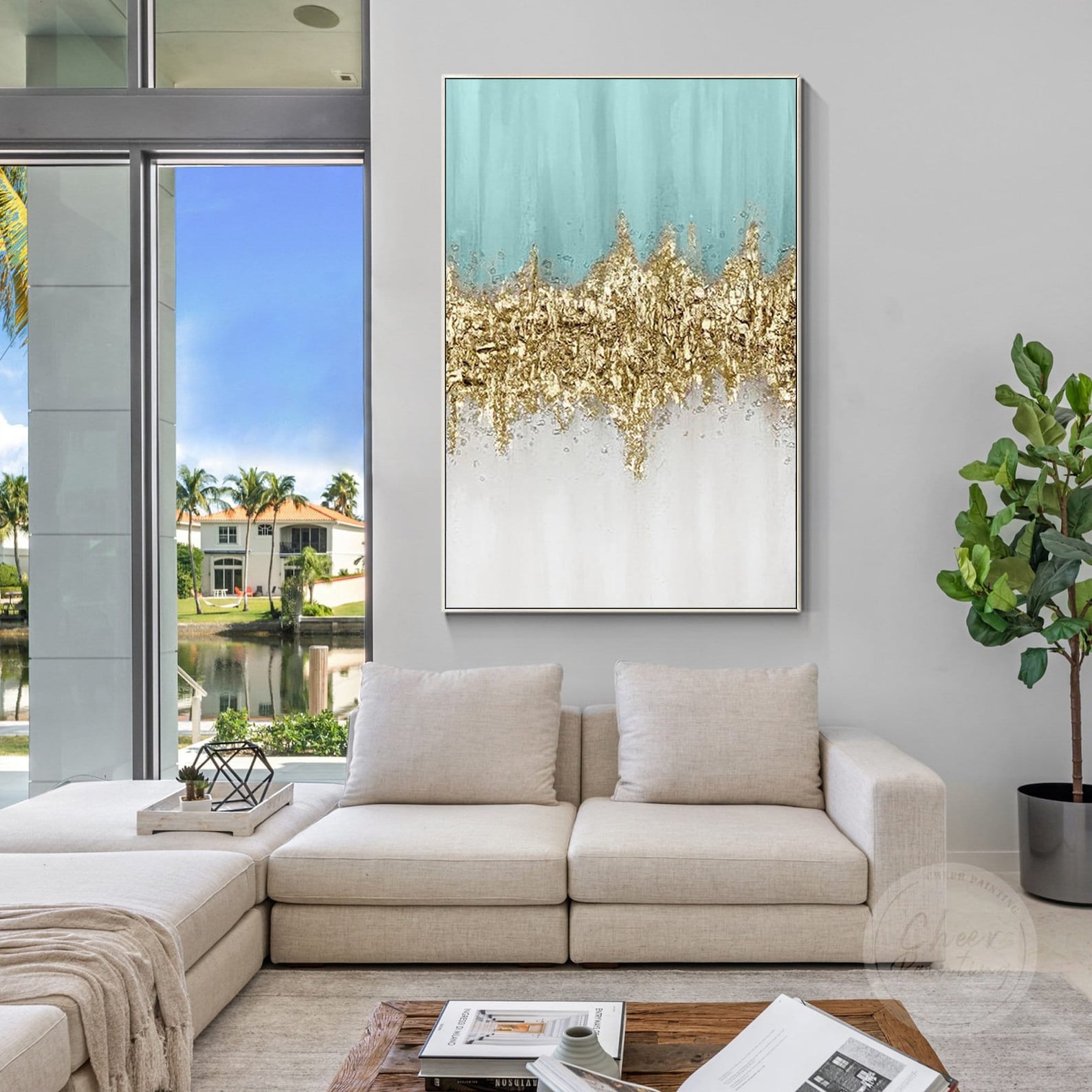 Modern Art Light Blue Gold Wave Abstract Painting Texture Wall - Etsy