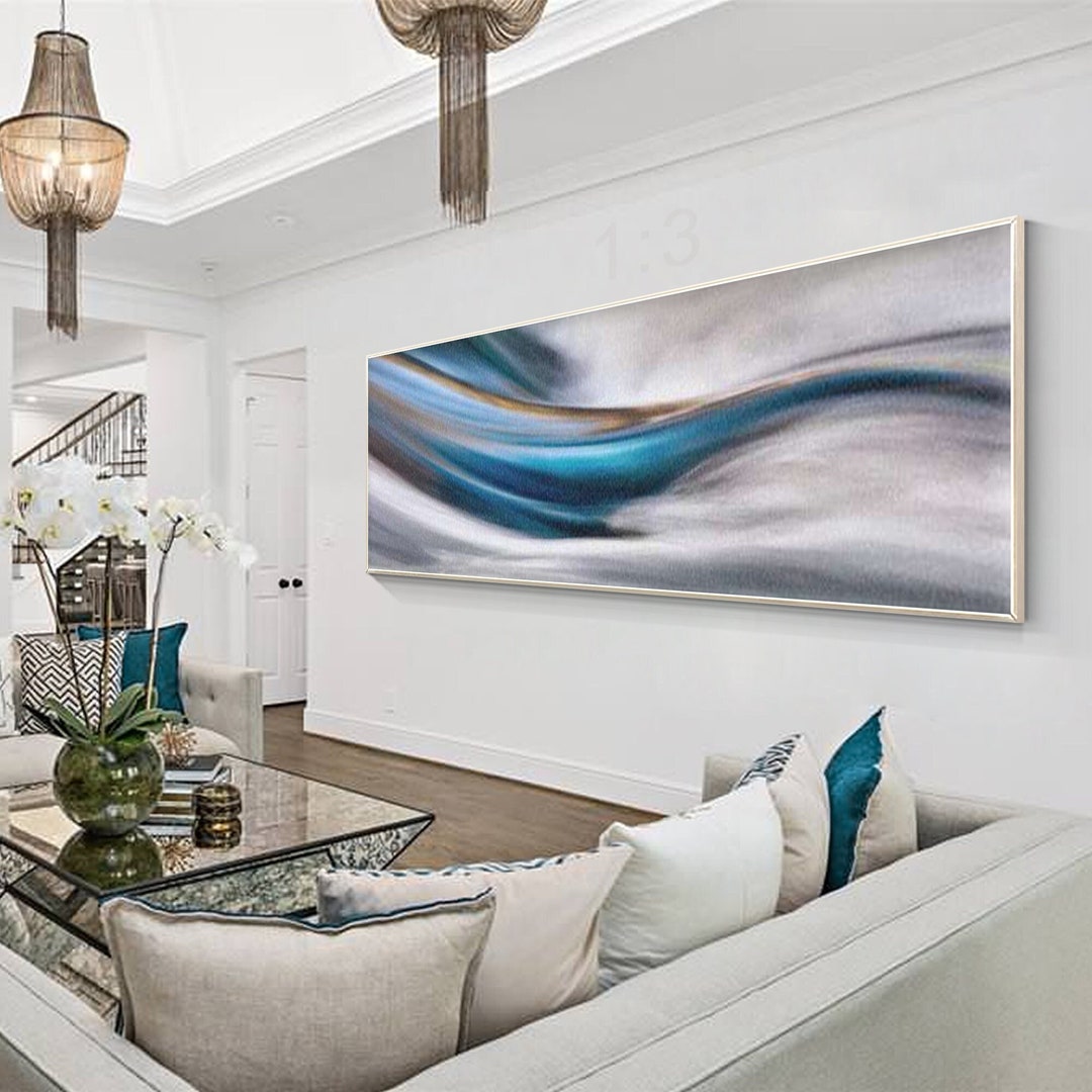 Blue Textured Art,long Horizontal Landscape Painting,large Framed Wall