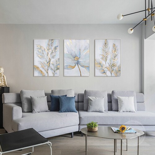Set of 3 White Flower Painting: Gold Leaf Abstract Framed Wall Art