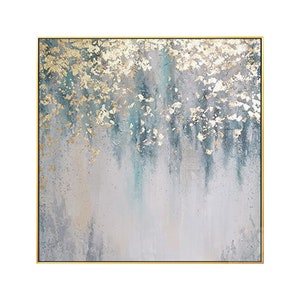 Op de afbeelding: Abstract schilderij met een gouden en blauwe kleurstelling. Het schilderij heeft een textuur achtergrond met gouden accenten en blauwe strepen.