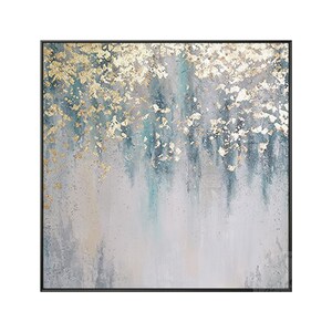 Op de afbeelding: Abstract schilderij met een grijze achtergrond en gouden en turquoise accenten. Het schilderij heeft een textuur en is ingelijst in een zwart frame.