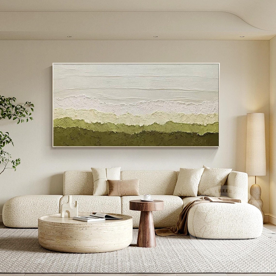Sage Green Abstract Landscape Painting: Textured Minimalist Wall Art ...