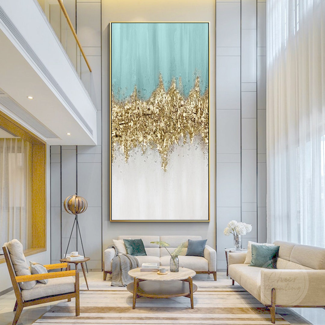 Modern Art Light Blue Gold Wave Abstract Painting Texture Wall Art ...