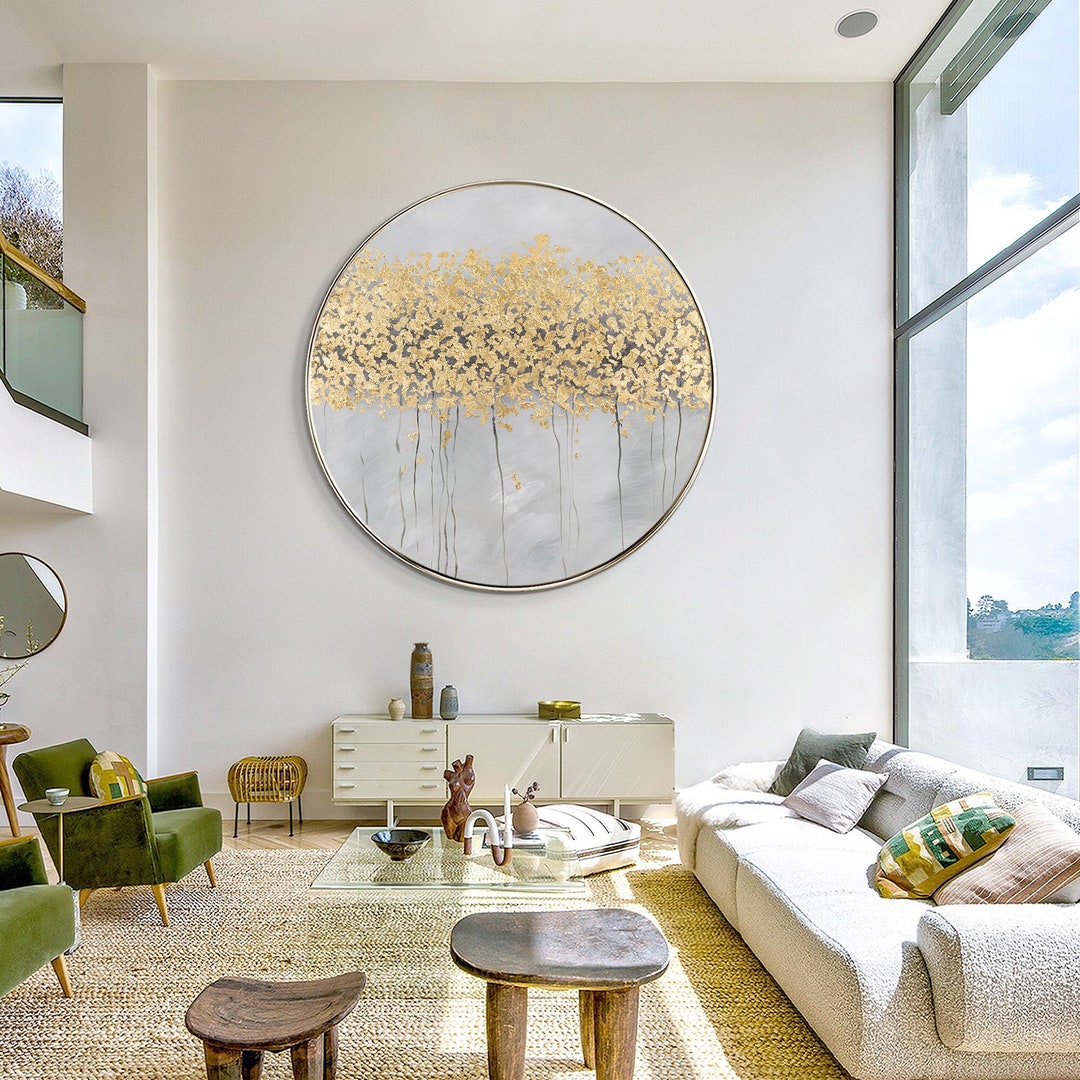 Original Large Gold Tree Painting,gold Painting,large Framed Art,gray Wall Art,gold Leaf