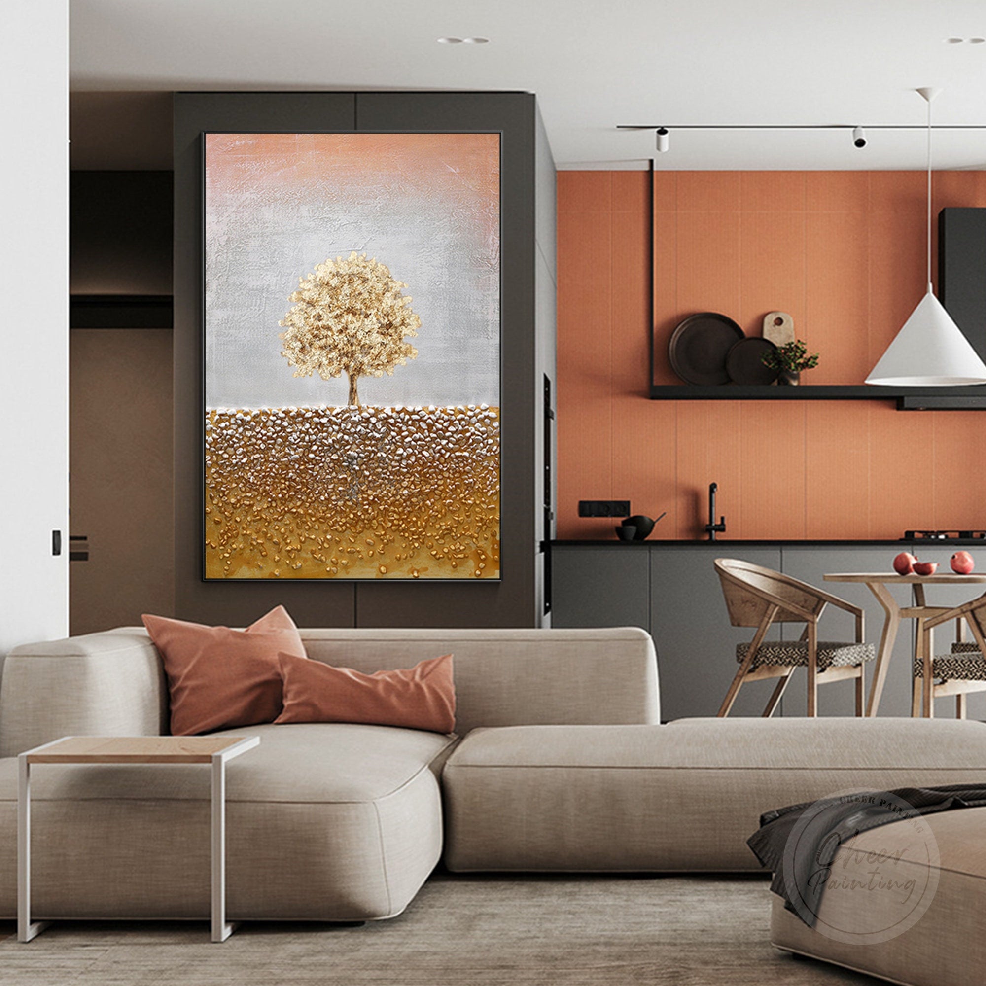金箔の木の絵画：質感のある抽象的な風景画 - Etsy 日本