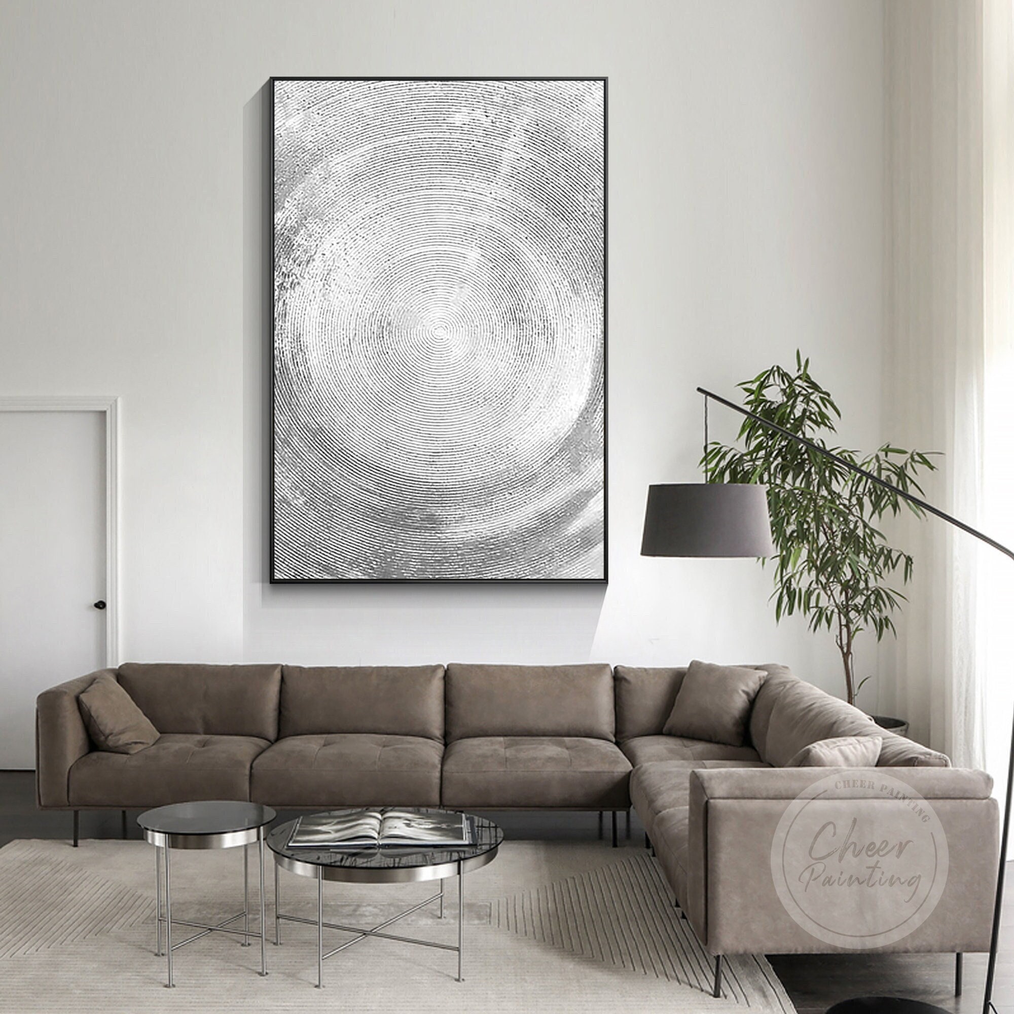 Gray Circles Wabi-Sabi Abstract painting,Tree Ring Annual Rings Minimalist Acrylic Original texture framed wall art Aesthetic room decor
