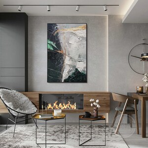 View of Modern Abstract Expressionist Original Acrylic Heavy Texture Grey Gold ...