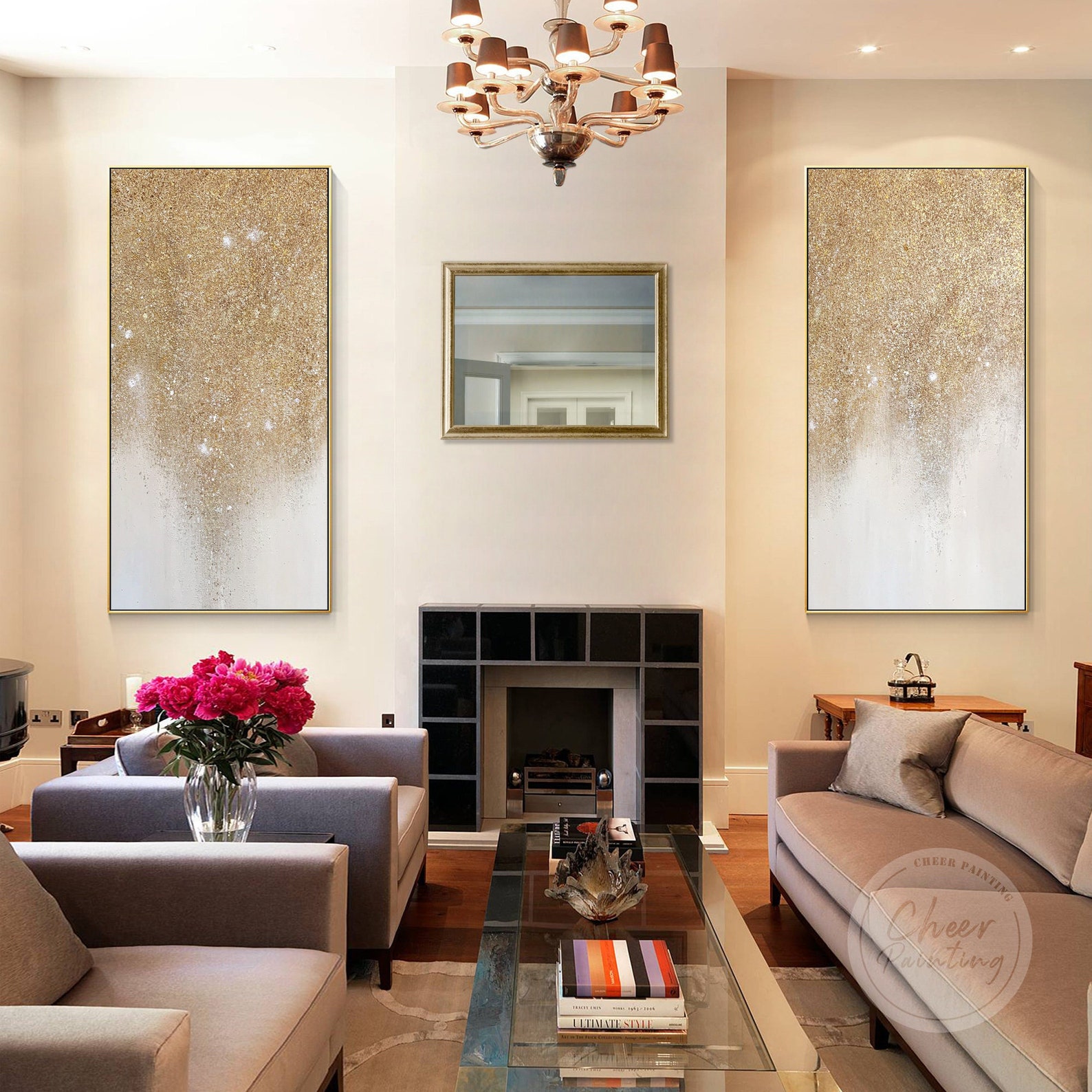 Set of 2 Gold Glitter Abstract Painting Luxurious Pale Gold Etsy
