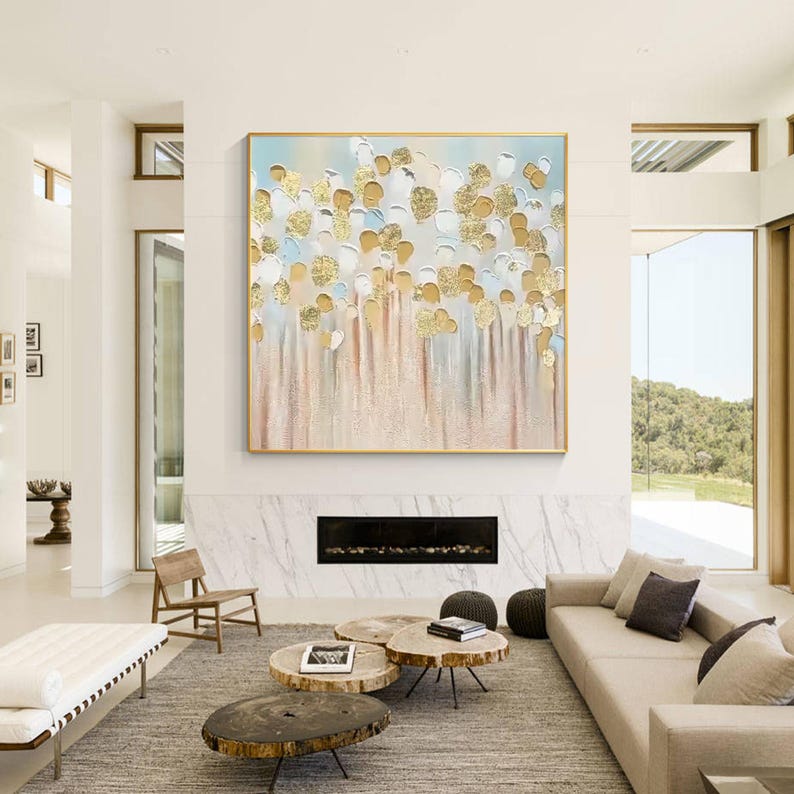 Large Flower Art,large Wall Art,gold Pink Flower Painting,large Framed