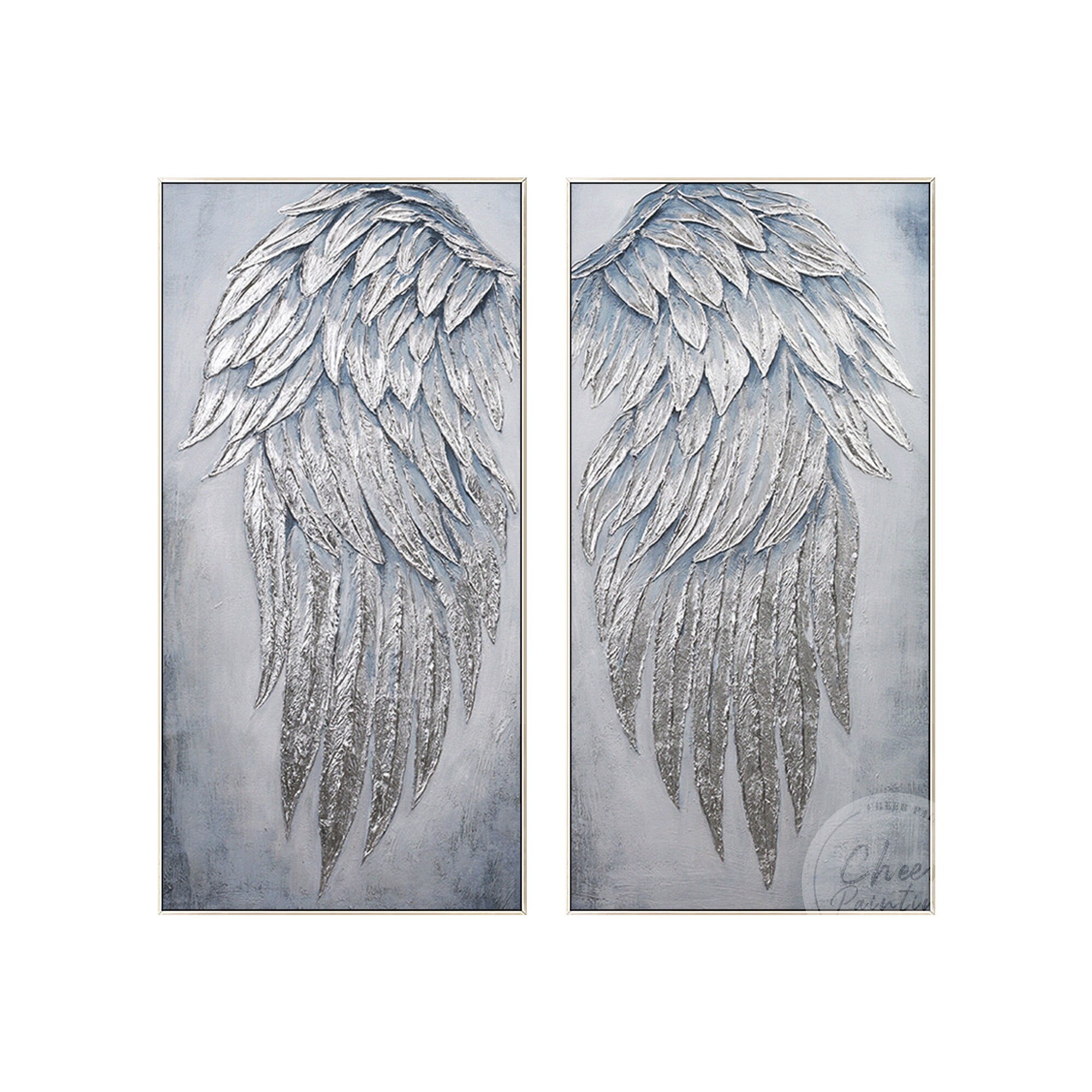 Set of 2 Silver Angel Wings Painting: Modern Abstract Framed Wall Art ...