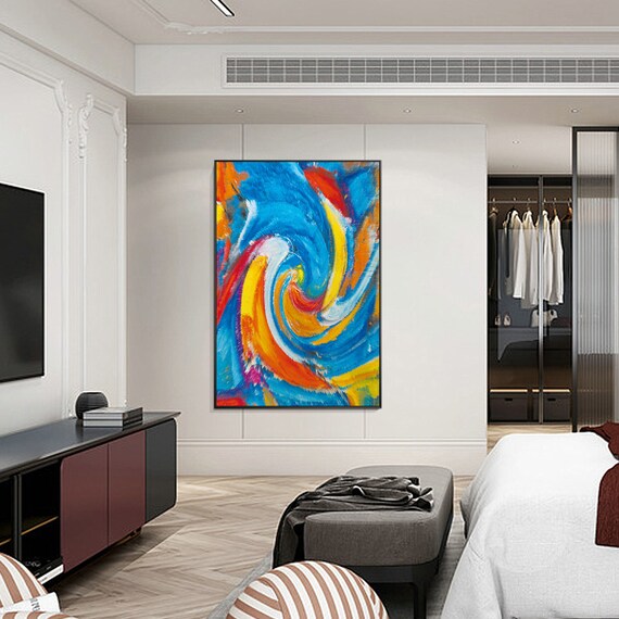 オリジナルの額入り大型カラフルキャンバス油絵モダン抽象アート