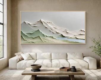 Minimalist Mountain Wall Art, Textured Landscape Canvas, Green Nature Painting, Modern Relief Wall Decor for Living Room Bedroom