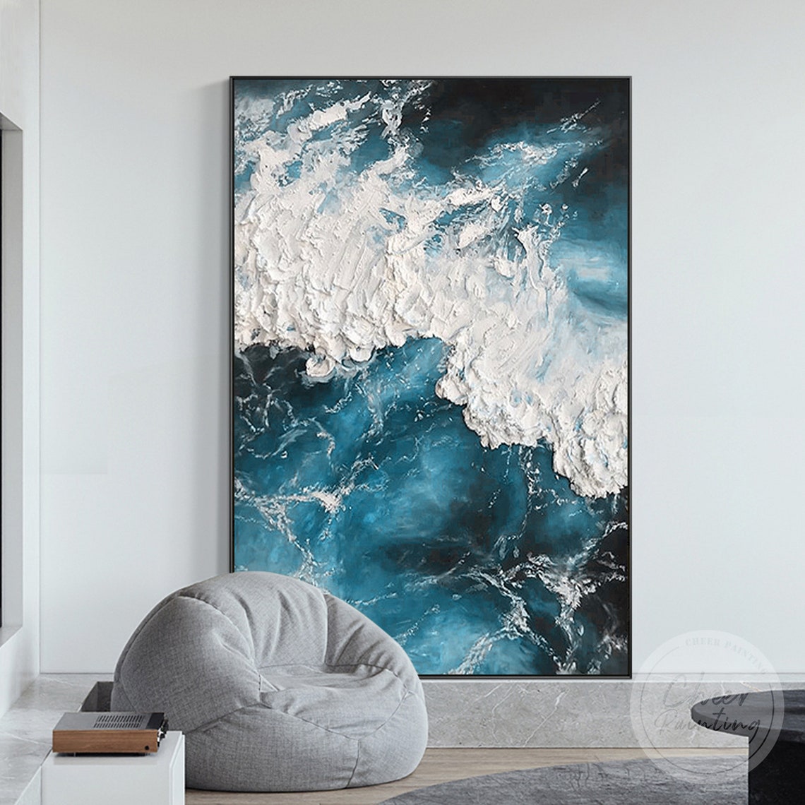 Teal Blue Ocean Painting White Sea Wave 3D Textured Art - Etsy