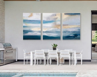 Set of 3 large blue painting,abstract ocean painting,beach painting,minimalist art,textured wall art,large framed art,Cheerpaint,gift ideas