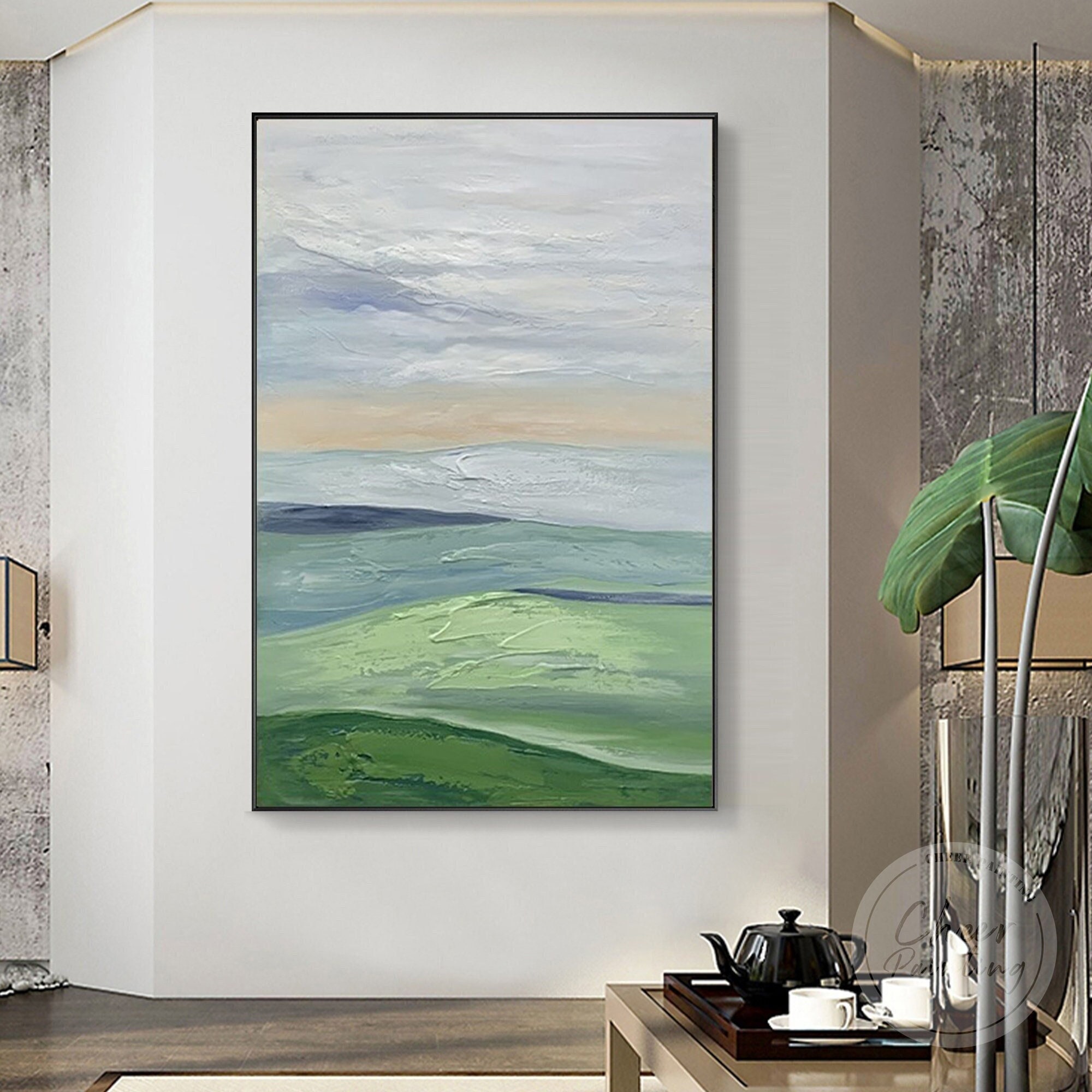 Light Green Landscape Painting Mountain Textured Art Blue Etsy