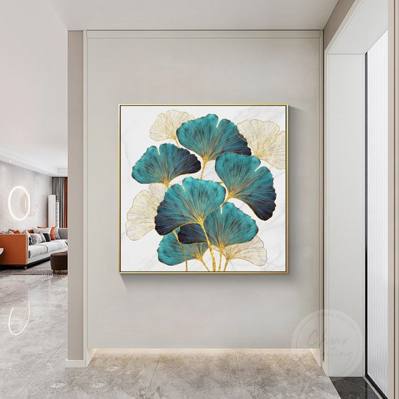 イチョウの葉の絵画：金色の線の抽象画、額入りキャンバス - Etsy 日本