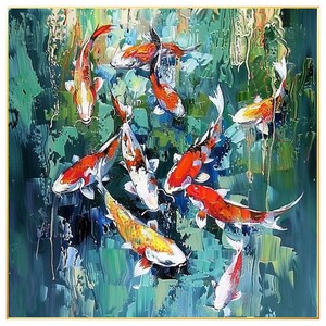 May include: An oil painting of koi fish swimming in a pond. The fish are orange, white, and yellow, with a dark green and blue background. The artwork has a textured, impressionistic style, with visible brushstrokes.