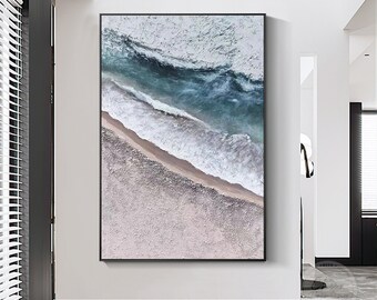 オリジナルの海景油絵：ティールシーウェーブ抽象画、額入りキャンバス