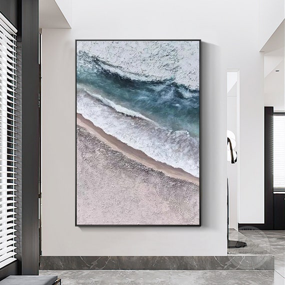オリジナルの海景油絵：ティールシーウェーブ抽象画、額入りキャンバス