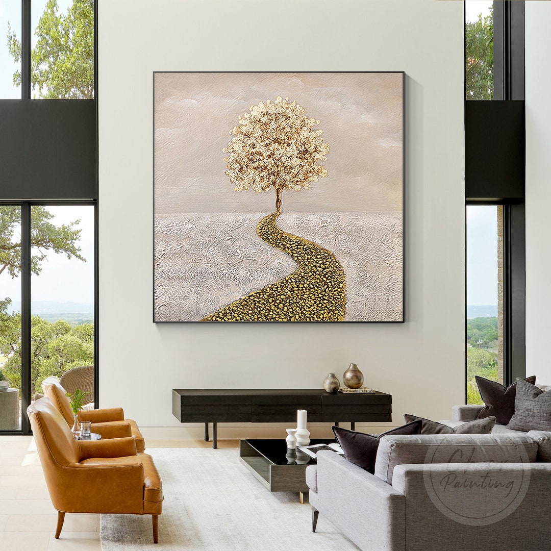 Gold Tree Art 3D Textured Art Gold Leaf Painting Framed Wall Art Pink