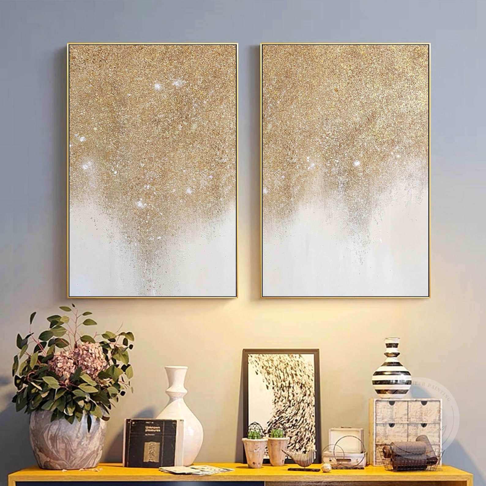 Set of 2 Gold Glitter Abstract Painting Luxurious Pale Gold Etsy