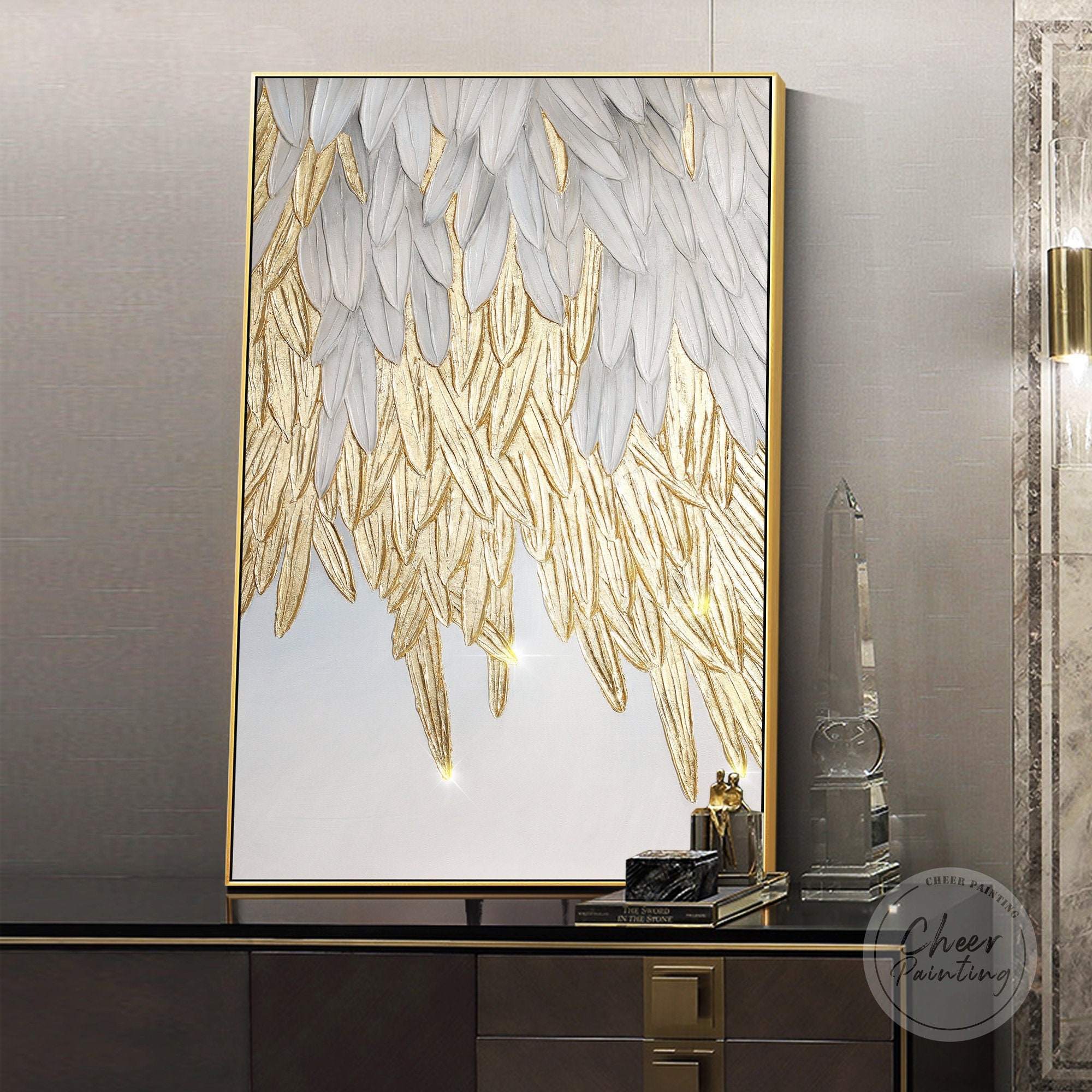 Gold White Feather Painting Orginal Gold Leaf Abstract Wall art Large Luxurious Heavy texture Painting,framed wall art aesthetic room decor
