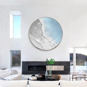 Light Blue Abstract Art Sea Wave Beach Painting Gray Textured Art Round Painting Seascape Painting Framed Wall Art Landscape Wall Decor