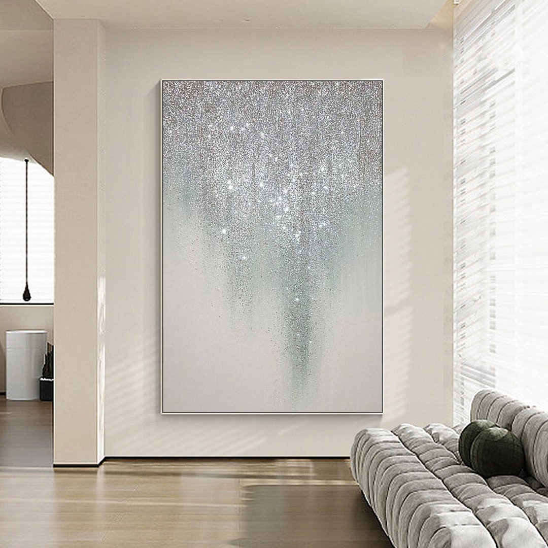 Large Silver Glitter Wall Art,large Minimalist Art,minimalistisch,textured Glitter Painting