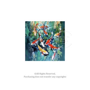 May include: An original hand-drawn painting of koi fish swimming in a pond. The fish are orange, red, and yellow with white markings, set against a backdrop of green and blue brushstrokes. The painting includes the text "ORIGINAL HAND DRAWN 2024".