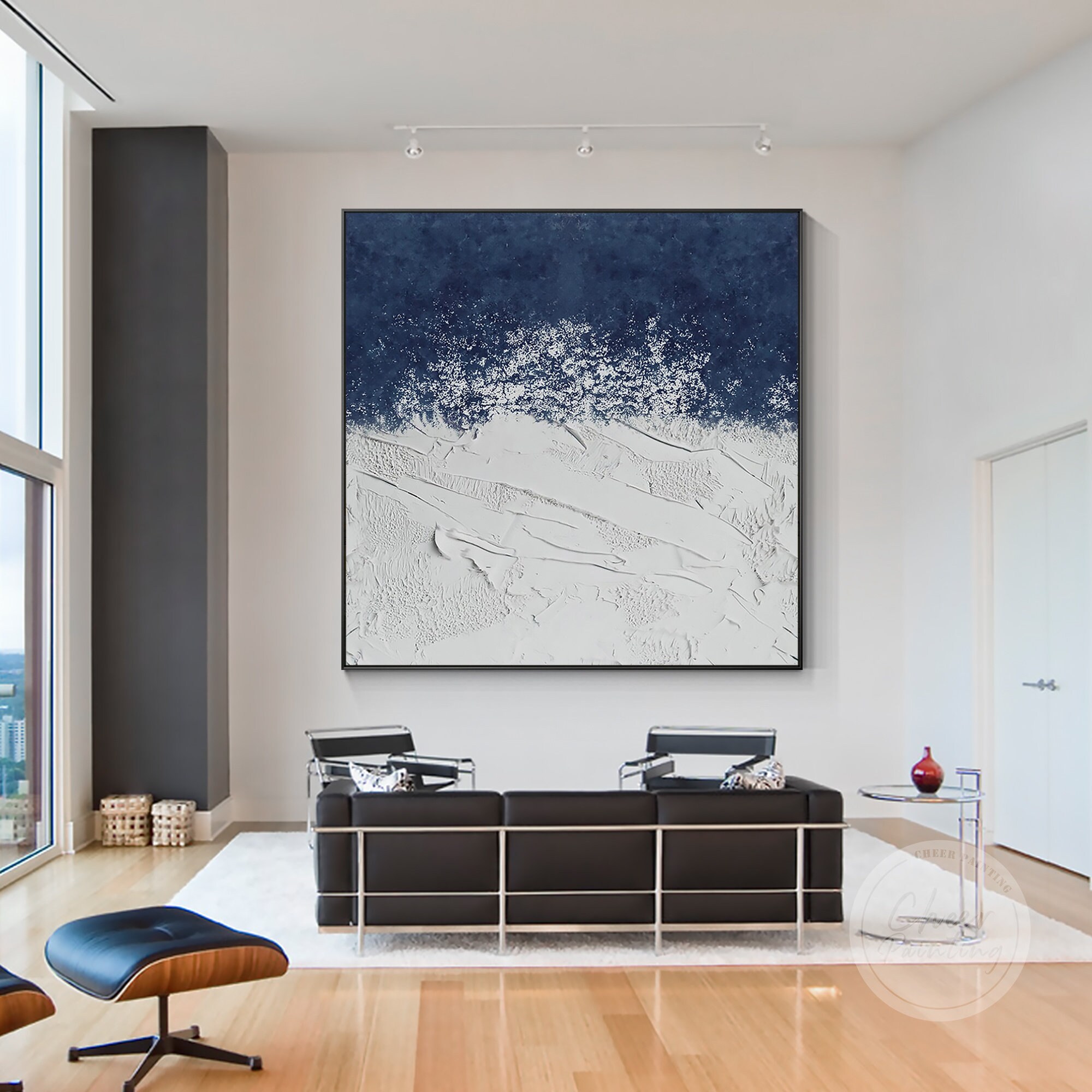 Textured Navy Blue Abstract Painting: Minimalist Acrylic Wall Art - Etsy