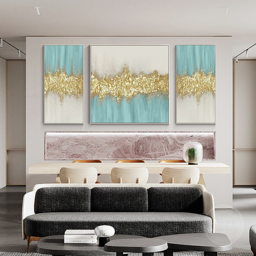 Set of 3 Light Blue Abstract Textured Gold Wave Wall Art Original Oil ...