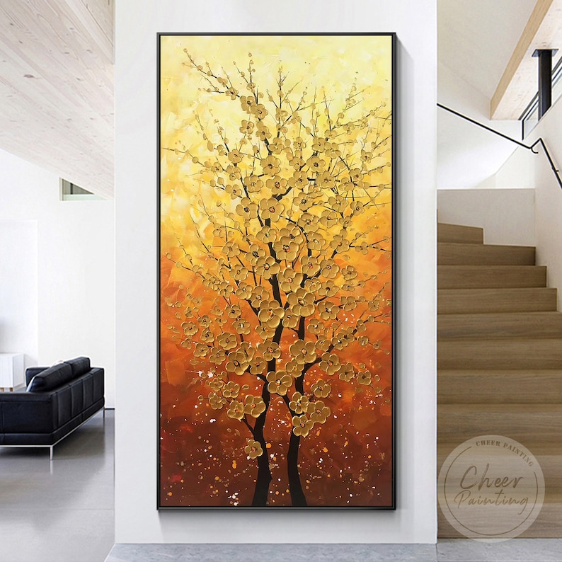 Gold Flower Painting Blooming Tree Art Orange Abstract Modern - Etsy