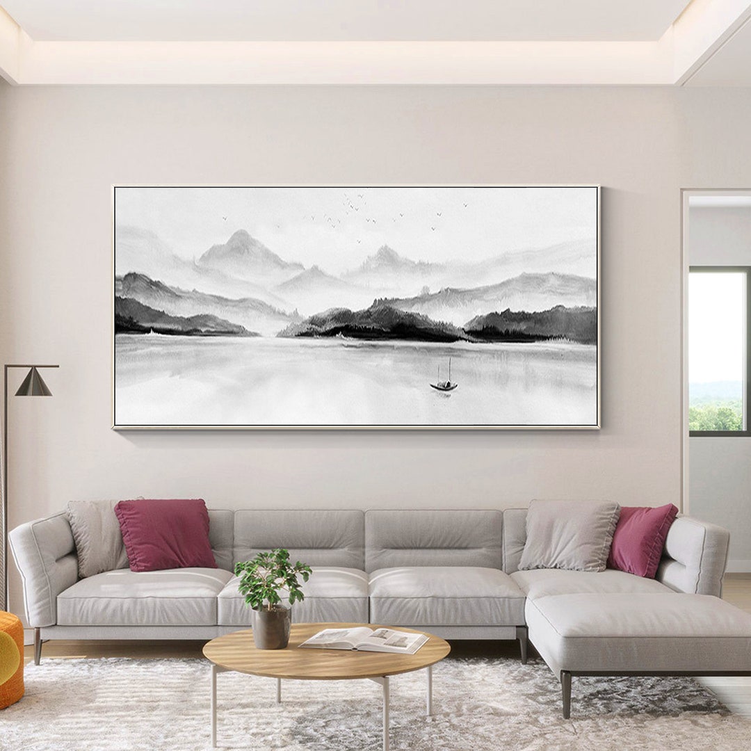 Framed Black and White Mountain Landscape Painting: Large Oriental Wall ...