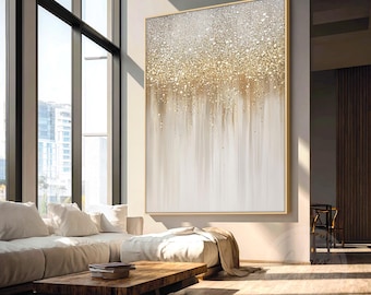 Gold Textured Abstract Wall Art, Neutral Beige Canvas Painting, Champagne Glitter Modern Wall Decor for Living Room