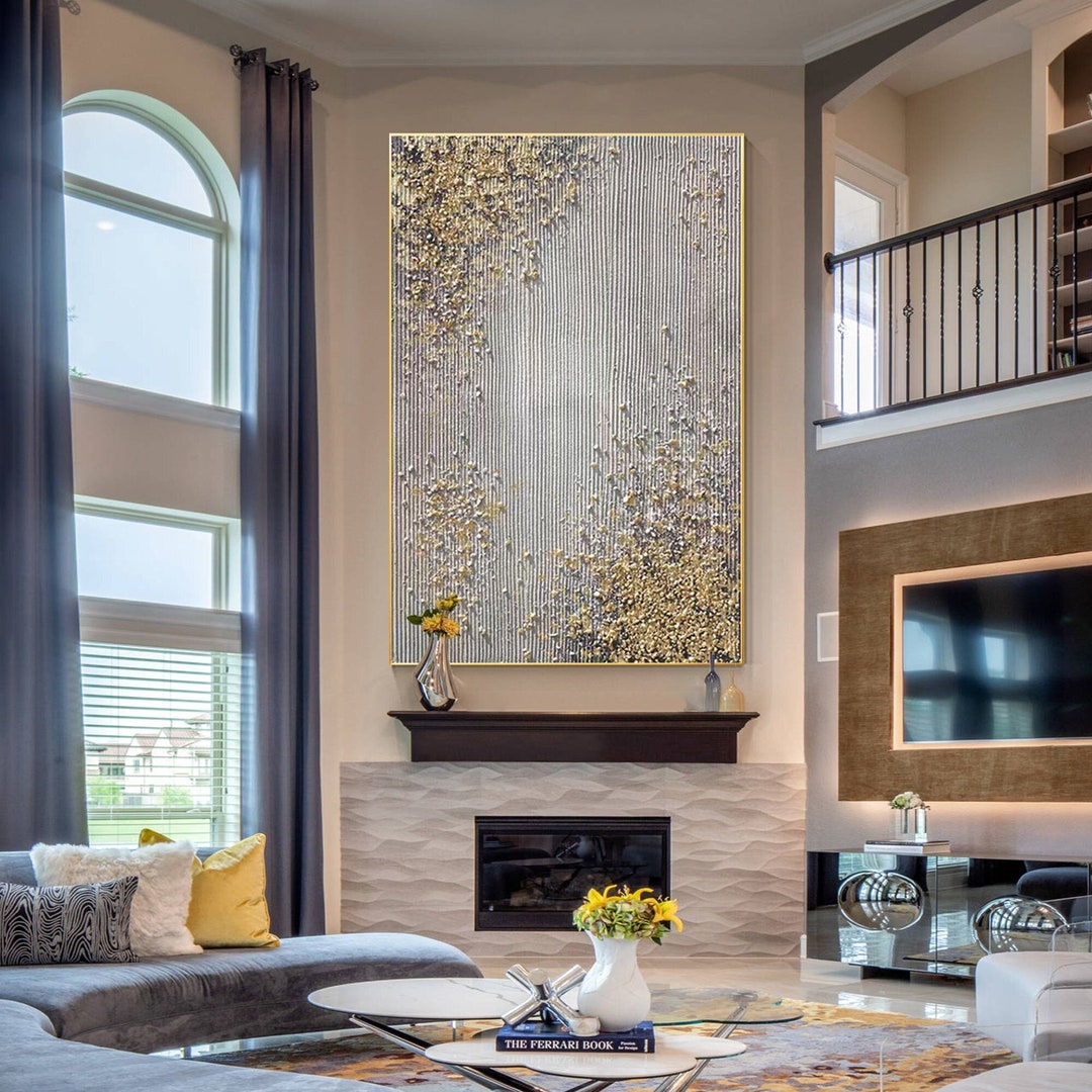 Large 3D Textured Gold Leaf Painting, Grey Vertical Texture Wall Art ...