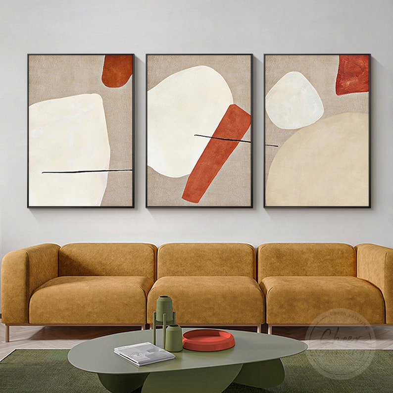 Set of 3 Minimalist Abstract Wall Art Hand Painted Geometric Beige ...