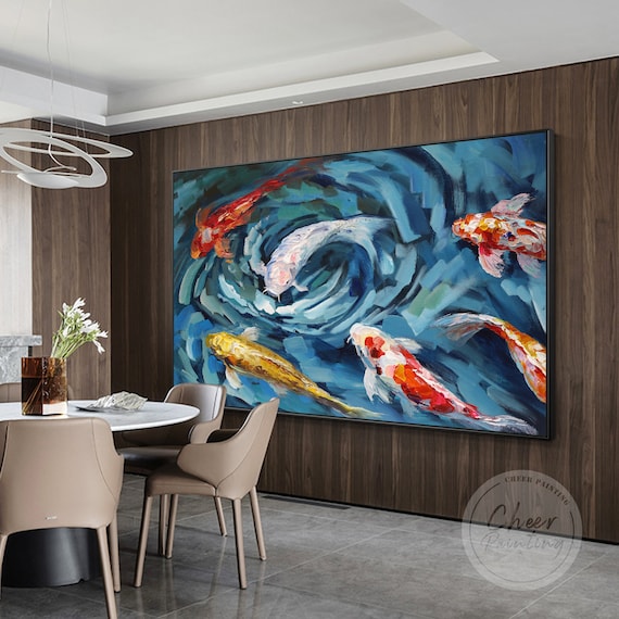 Original Koi Fish Oil Painting: Framed Abstract Feng Shui Wall Art