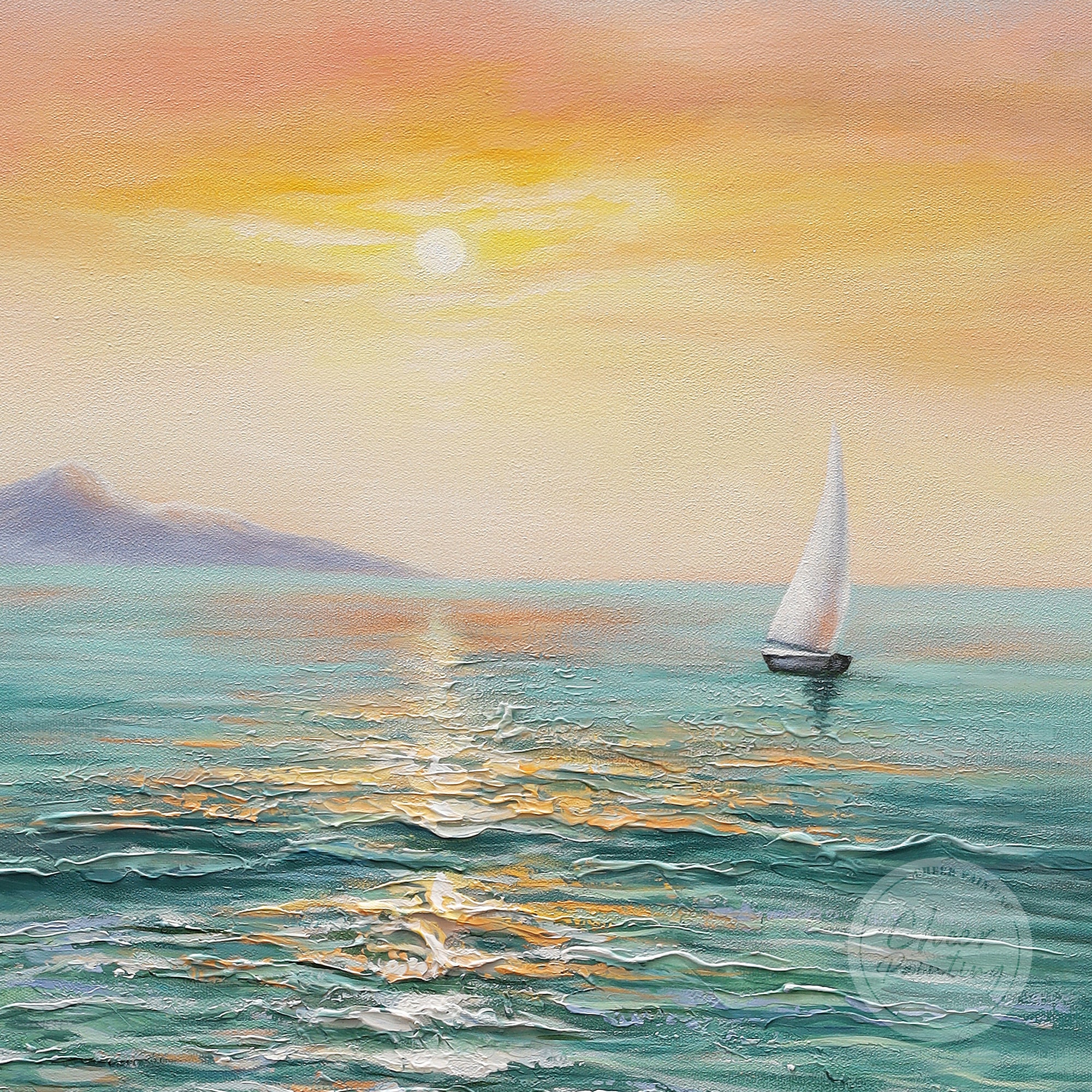絵画　帆船　海　夕陽 帆船の絵画 キャンバスに描かれたオリジナルの大型ボートの絵画