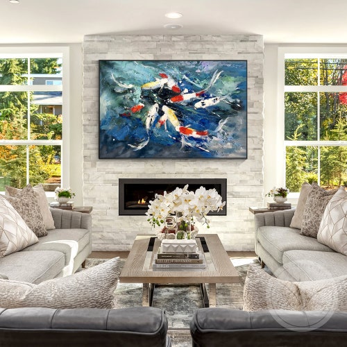Teal Abstract Koi Fish Painting Feng shops Shui Large Framed Wall Art Original Painting Textured Art Horizontal 9 Koi Palette Knife Oil Painting