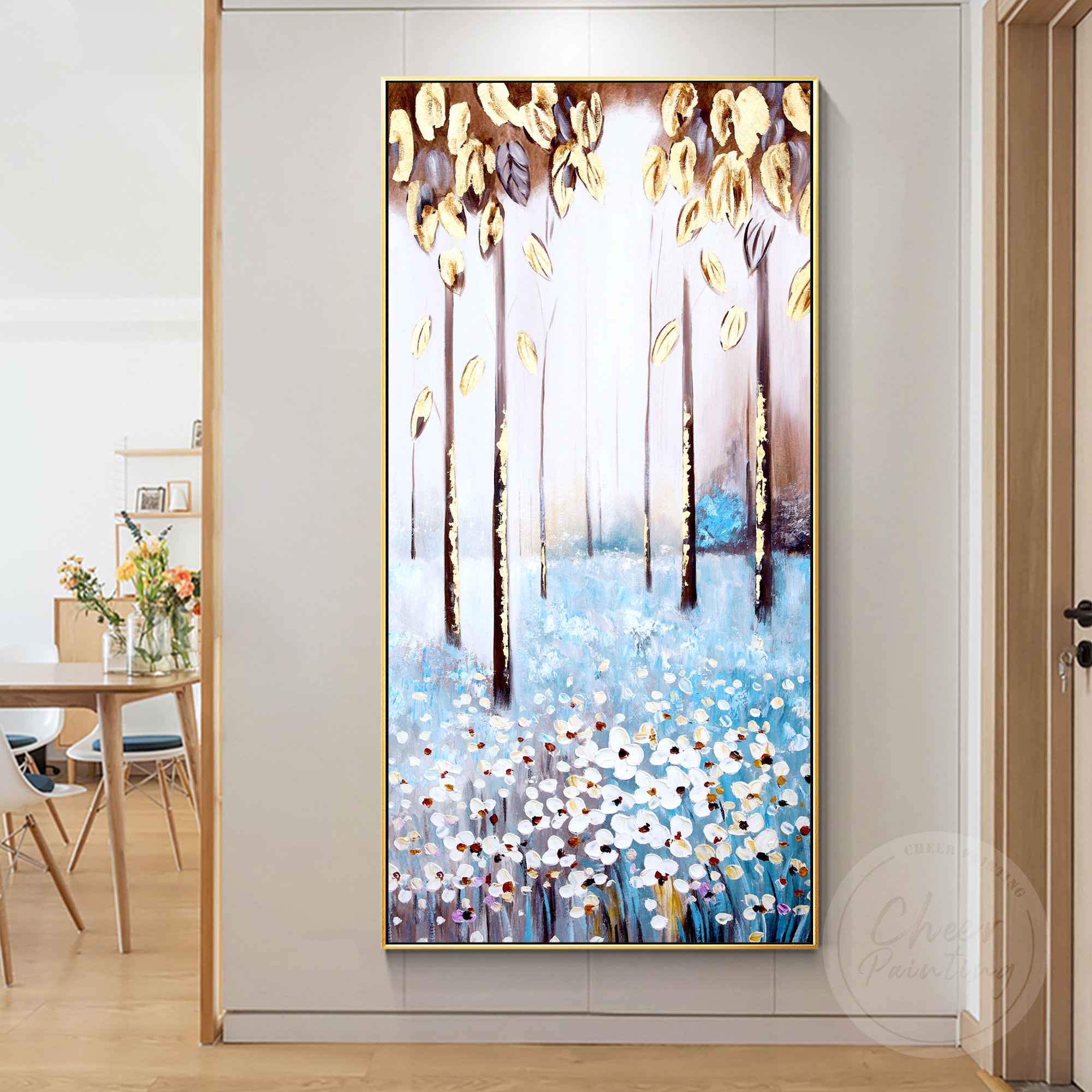 Gold Leaf Tree Painting White Flower Landscape Framed Wall Art Etsy