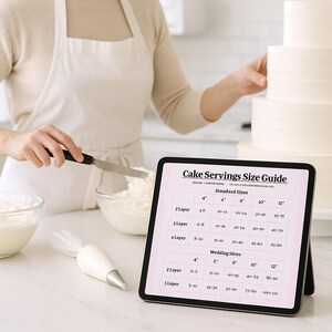 May include: A four-tiered white cake on a white cake stand. A tablet displays a cake servings size guide. Bowls of icing, piping bags, and a spatula are on the counter. The scene is set in a kitchen.